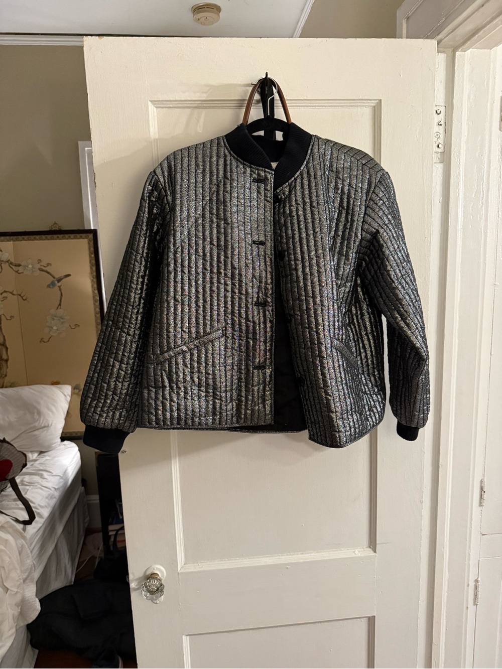 THE GREAT. Quilted Metallic Gray Bomber Jacket